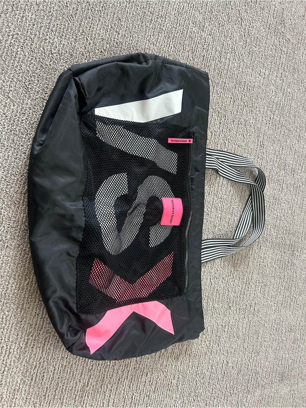 Victoria's Secret Black Tote with Pink Accents and Striped Handles